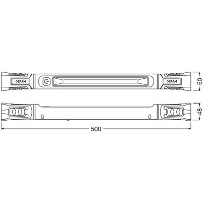 Line drawing of a rectangular OSRAM lamp with dimensions: length 500 mm, height 50 mm on the front and 48 mm on the back.
