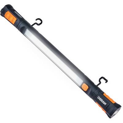 A portable LED lamp by Osram with a black housing and orange accents, fitted with a hook for hanging.