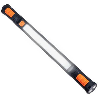 Portable LED torch, oblong, black, with orange buttons at both ends, on a white background.