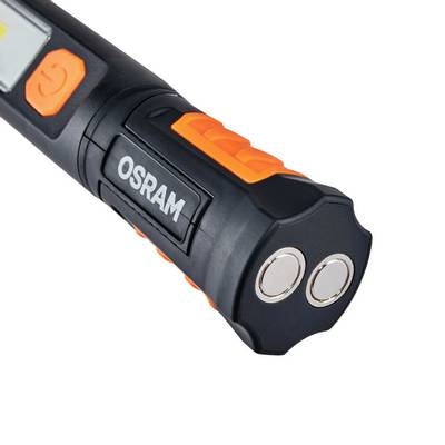 Torch with an OSRAM logo and two circular lights on the front. Black casing with orange accents.
