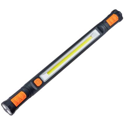 A slim, portable LED work light with black and orange details.