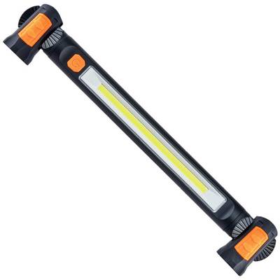 Black LED lamp with a yellow light strip and two orange attachments at the ends, suitable for bicycle or backpack.