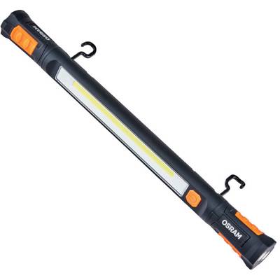 Elongated, black LED work light with orange buttons, two hooks and OSRAM logo on the left side.