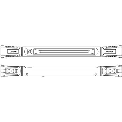 Diagram of an OSRAM rod lamp, with an on/off button and a luminous strip in the centre, showing front and side views.