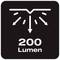 'Symbol for light emission, arrows pointing in four directions. Text: 200 lumens.'