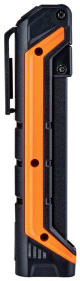 A black and orange tool with multiple edges and screws, designed to be functional and robust.
