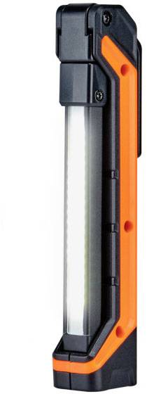 Work lamp with black and orange housing and long LED light strip, suitable for workshops and construction site lighting.