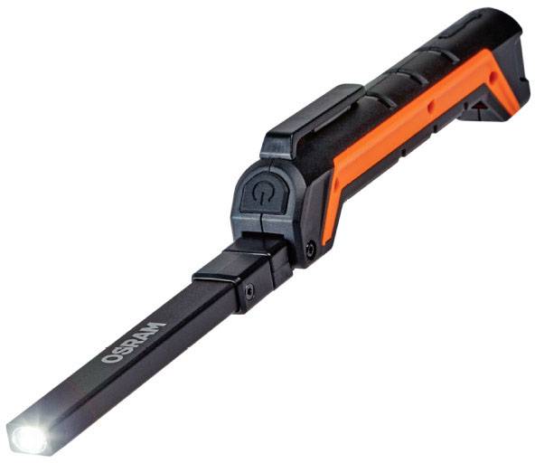LED torch from OSRAM with a sleek design and orange accent. It shines brightly from the front end.