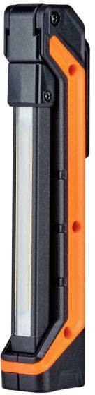 Portable LED work light with black and orange accents, vertically oriented, suitable for use in workshops.