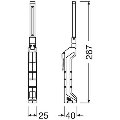 Side view of a slender, rectangular device with telescopic antenna and dimensions: 267 mm height, 25 mm width, 40 mm depth.