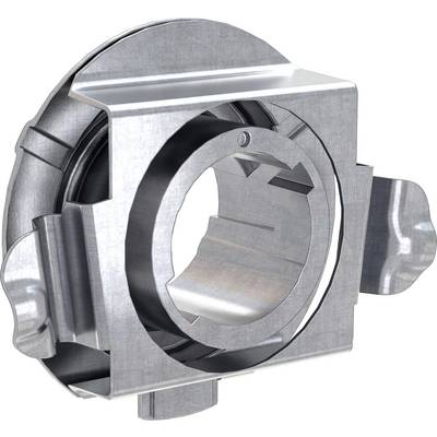Metal fixing clip, cylindrical in shape, used for component assembly, with side clamps for securing.