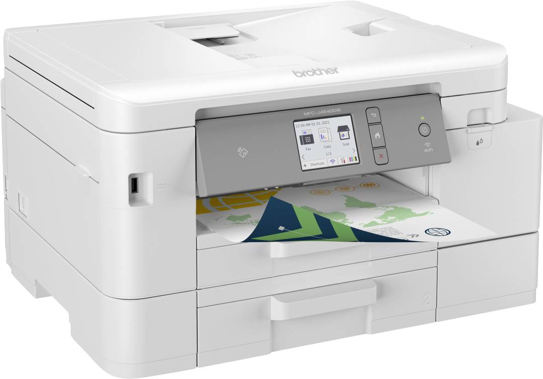 A white printer is printing a coloured diagram. The control panel displays various options.
