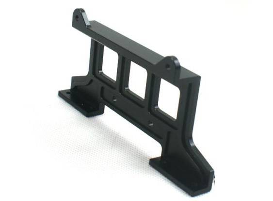 Black, rectangular metal piece with three cutouts and two supporting feet, likely a structural component.