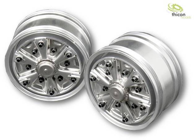 'Two silver model wheels with multiple spokes and screws.'