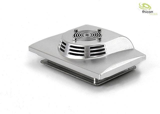 Small silver fan on a square base. Fan grille visible. White background. Thicon Models logo in the top right corner.