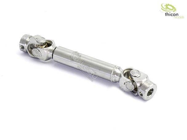 Metal cardan shaft with joints at both ends, suitable for model-making or miniature vehicles.