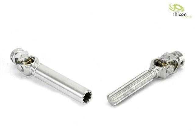 'Two silver universal joints on a white background, suitable for use in RC models. Logo in the top right corner.'