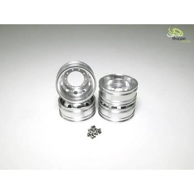 Four silver metal rims and a collection of small screws are arranged on a white background.