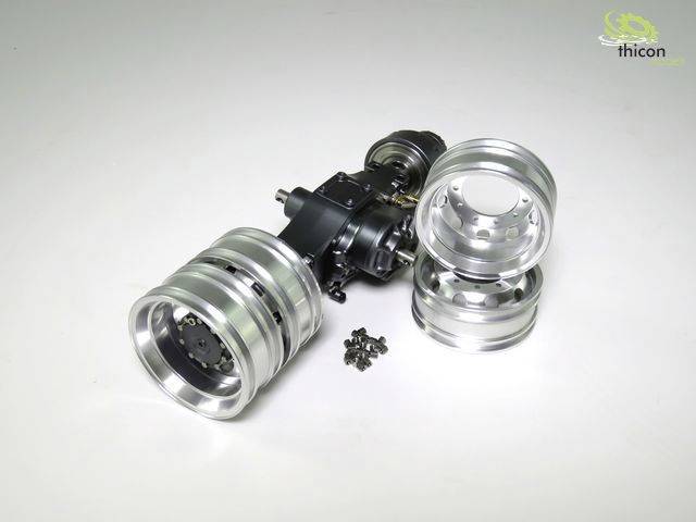 A model of a metal wheel rim with accompanying bolts, against a white background. The 'thicon models' logo is positioned in the top right corner.