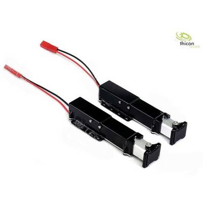 Two black linear actuators with red and black cables on a white background, with the 'thicon models' logo in the top right corner.