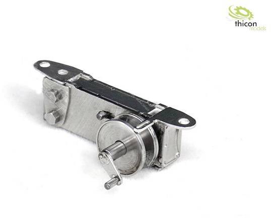 Metal cable winch with lever and suspension, side view. 'thicon models' company logo in the top right of the image.