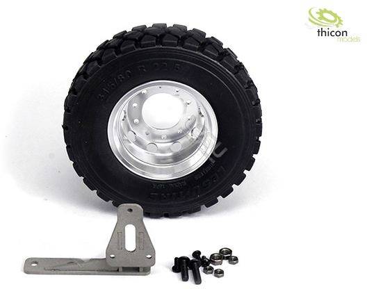 A model tyre with a metal rim, with screws and a mounting bracket lying beside it; brand name 'thicon models' in the top right corner.