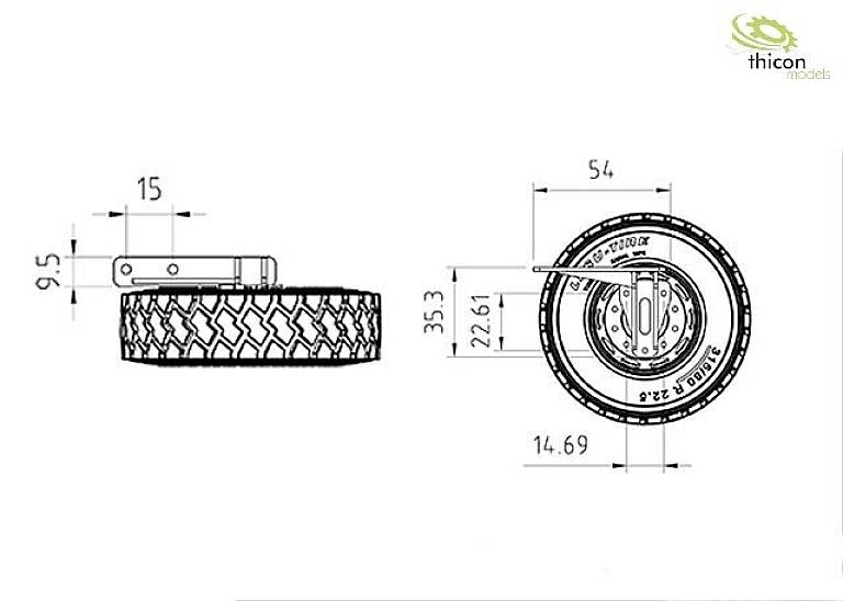 Technical drawing of a model wheel rim with dimensions in centimetres and inches, showing side and front views for model construction.