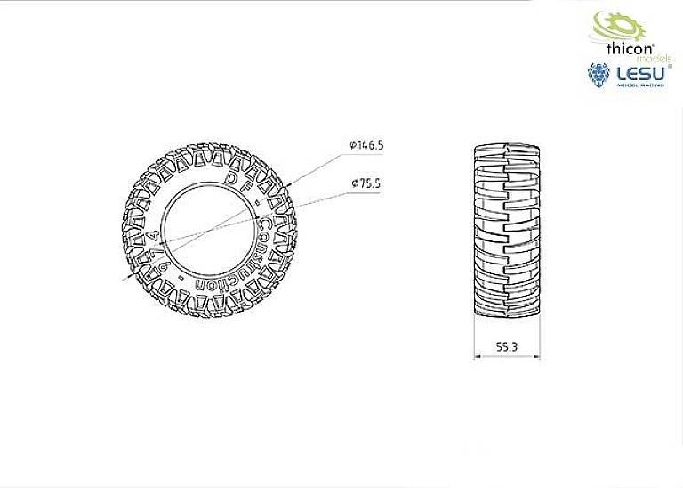 Technical drawing of a tyre with dimensions 146.5 and 75.5 for the diameter and 55.3 for the width. Logos top right.