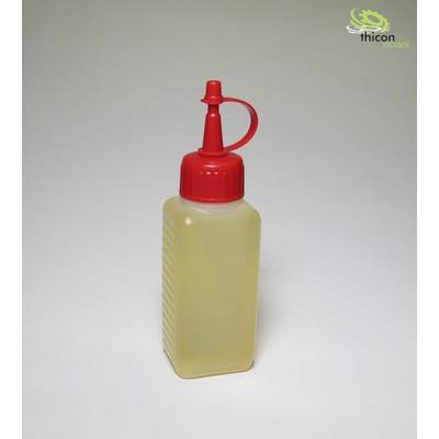 Plastic bottle with red lid, filled with yellowish liquid.