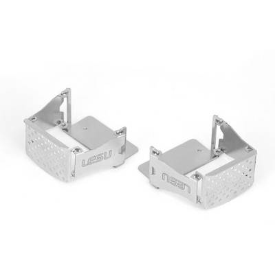 Two silver metal brackets with the inscription 'LESU', rectangular in shape, with perforated surfaces, positioned on a light background.