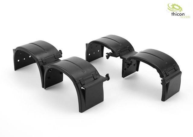 Black plastic mudguards on a white background, four pieces, curved for model vehicles. Logo in the top right corner.