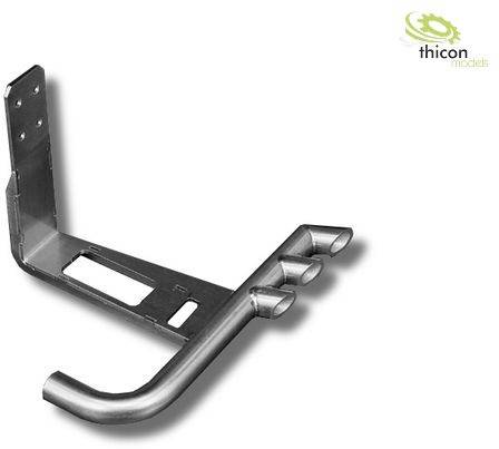 Metal part with three curved pipes and mounting bracket. The 'Thicon Models' logo in the top right corner.