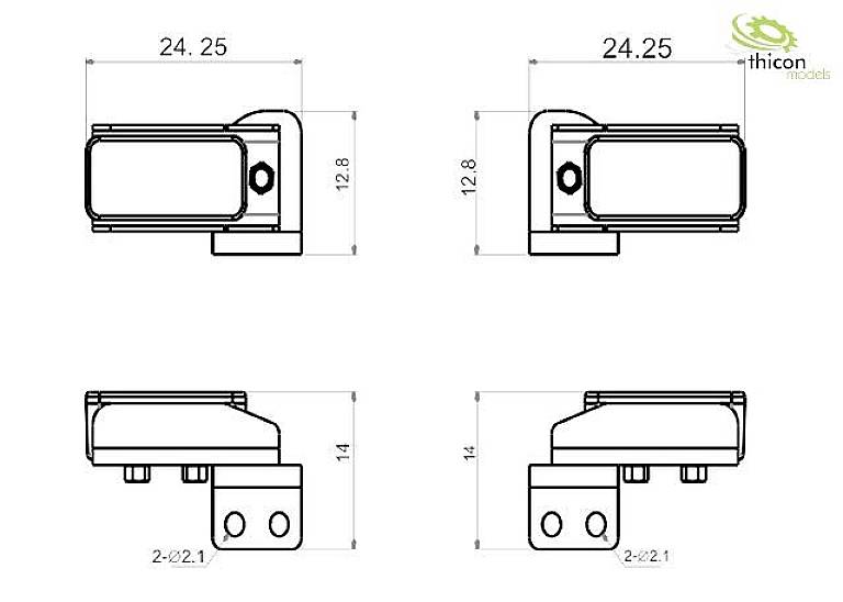 Technical drawing of a component with two views. Dimensions: 24.25 x 12.8 and height 14, with holes of 2.1 diameter.