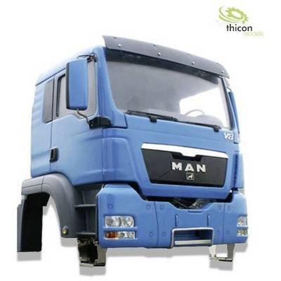 Blue MAN truck cab model with a 'V8' print on the top surface. 'Thicon models' brand logo in the top right corner.