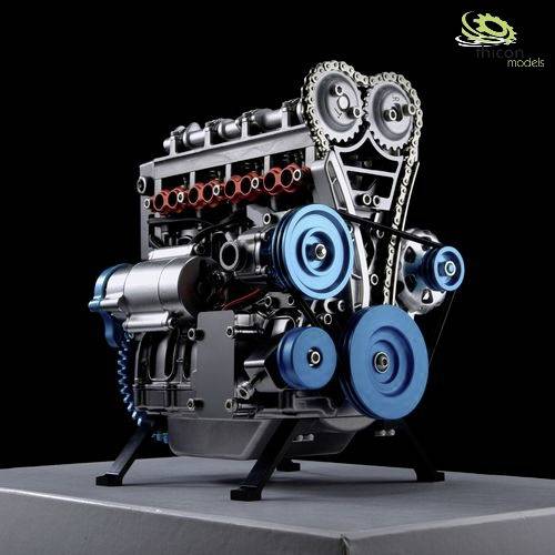 'Model of a combustion engine with visible gears and belts. Blue and silver colour tone, stylised representation.'