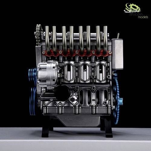 A detailed model of an engine with visible piston strokes and gears. Presented with precise mechanical structures.