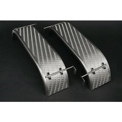 Two curved metal structures with an embossed pattern and screws on a black background.