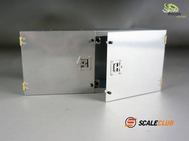 Metal cabinet with two open doors. On the right door, there is a 'ScaleClub' logo.