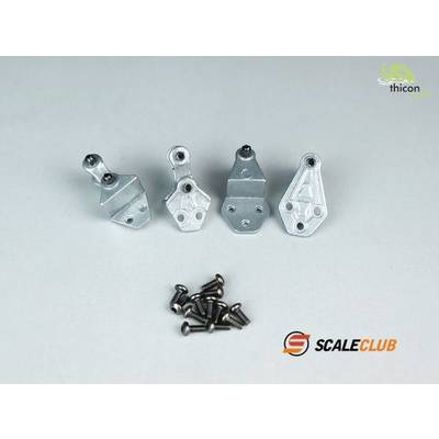 Four silver metal components and eleven small screws on a grey surface. 'Thicon' and 'SCALECLUB' logos are visible.