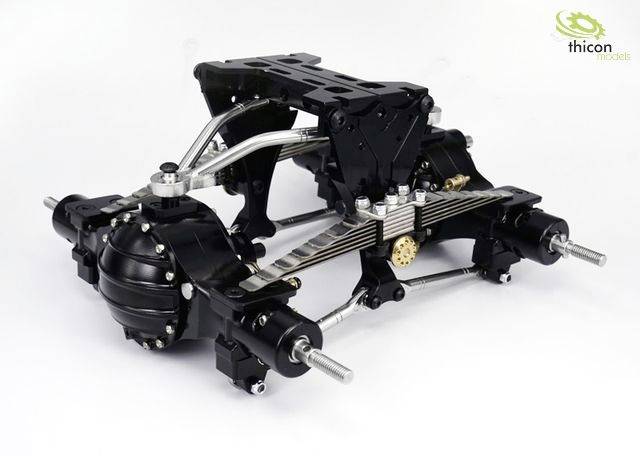 'Detailed close-up of a model chassis with complex suspension structure and mechanical components, suitable for RC vehicle models.'