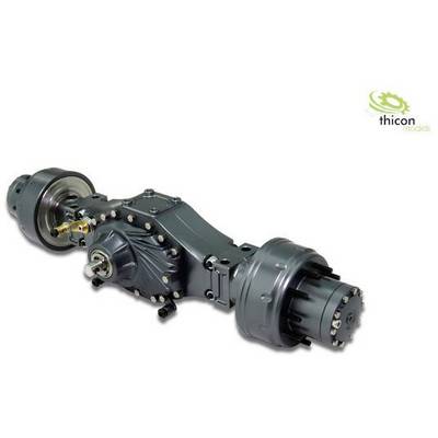 Metallic axle gearbox for model vehicles, richly detailed with various connections and screws. 'thicon models' logo in the top right corner.