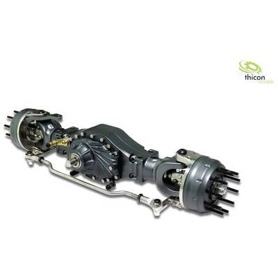 'Model of a vehicle axle with a differential gearbox. Complex components and mechanics visible.'