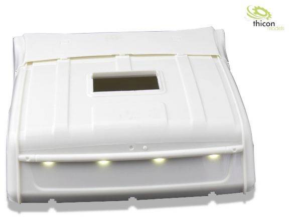 White plastic hood with rectangular opening, four illuminating LEDs at the bottom, 'Thicon' logo positioned top right.