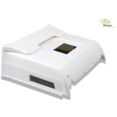 White plastic housing with an opening at the top and logo in the corner, used for electronic or machine components.