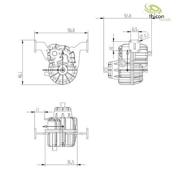 'Technical drawing of an engine with front, side, and top views. Dimensions stated in millimetres. Thucon models logo located top right.'