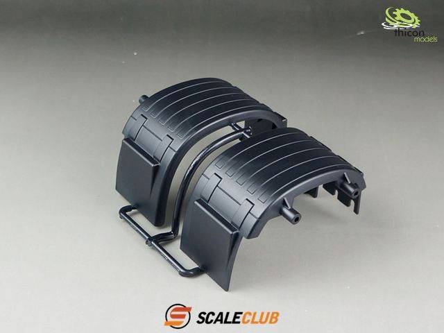Black plastic mudguards for model vehicles, displayed on a grey surface, with the 'ScaleClub' logo underneath.