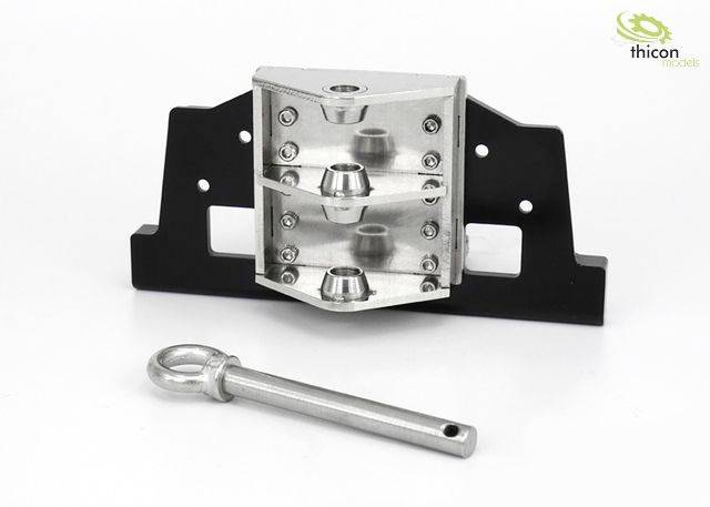 Metallic model part with two planes and four screws, mounted on a black base. Silver hook positioned at the front. 'thicon models' logo located in the top right corner.