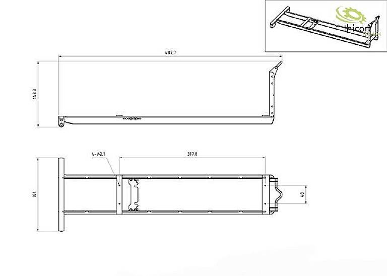 Technical drawing of a metal bearer with dimensions: length 4827 mm, width 318 mm, height 1913 mm. Contains dimensions and perspective view.
