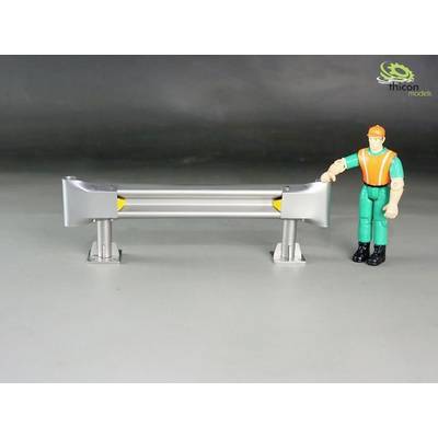 A figurine stands next to a model crash barrier on a grey background. The Thicon Models logo is located in the top right corner.