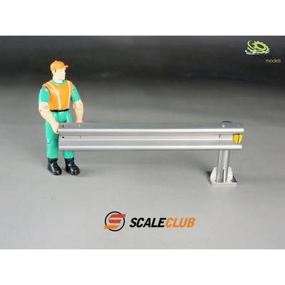 A toy figure in worker's clothing stands next to a miniature crash barrier. In the background, the 'SCALECLUB' logo.